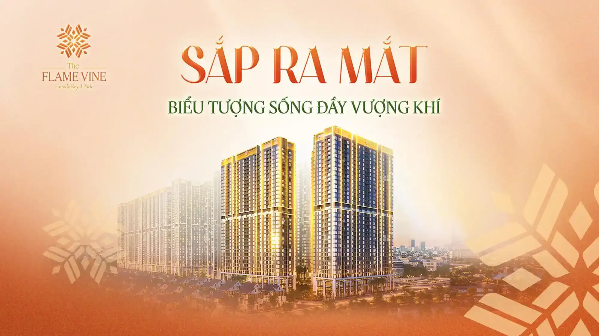 Phối cảnh tháp căn hộ The Flame Vine Hinode Royal Park rực rỡ dưới ánh bình minh