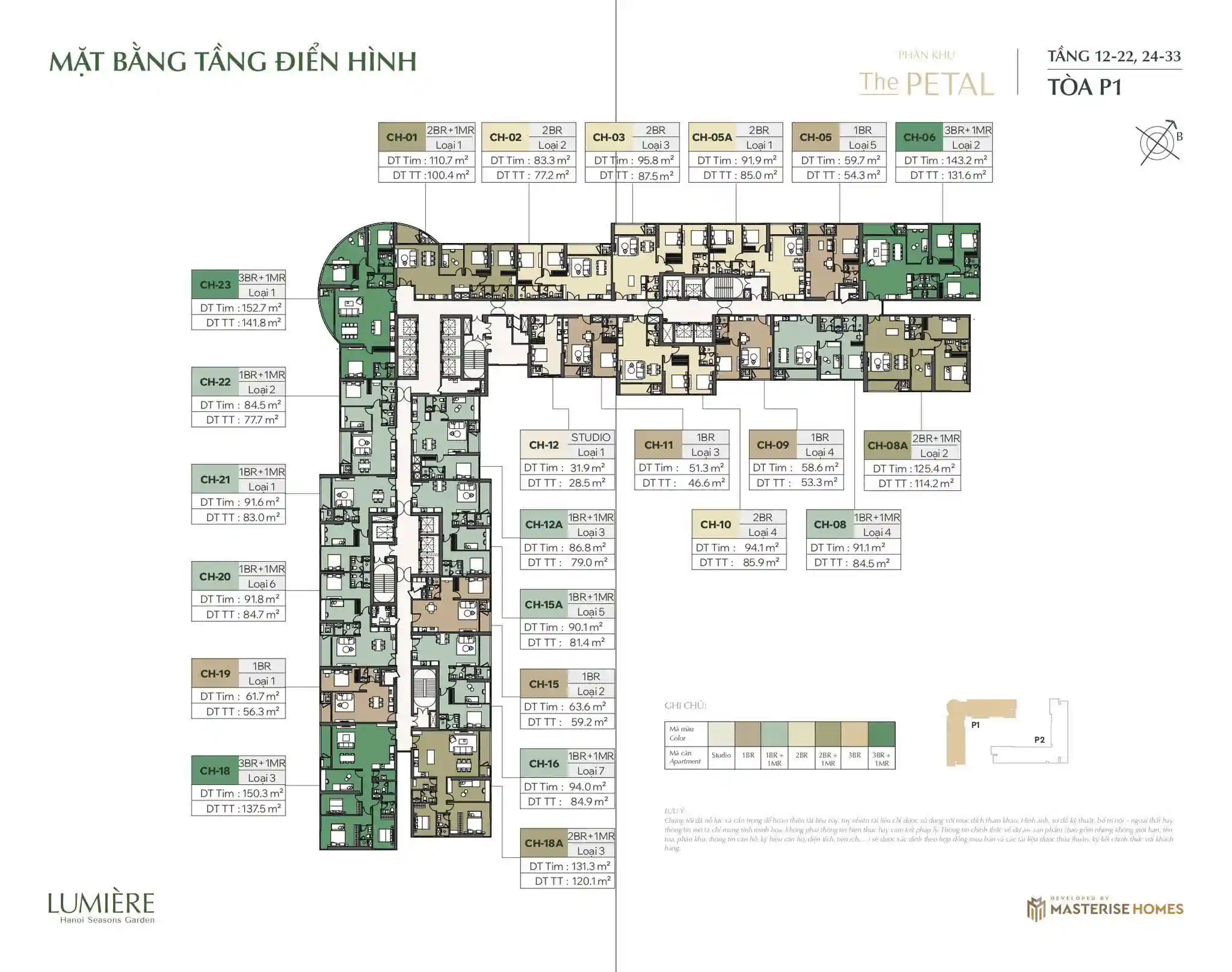 Mặt bằng tòa P1 Hanoi Seasons Garden phân khu The PETAL với cơ cấu căn hộ Studio 1BR 2BR và 3BR