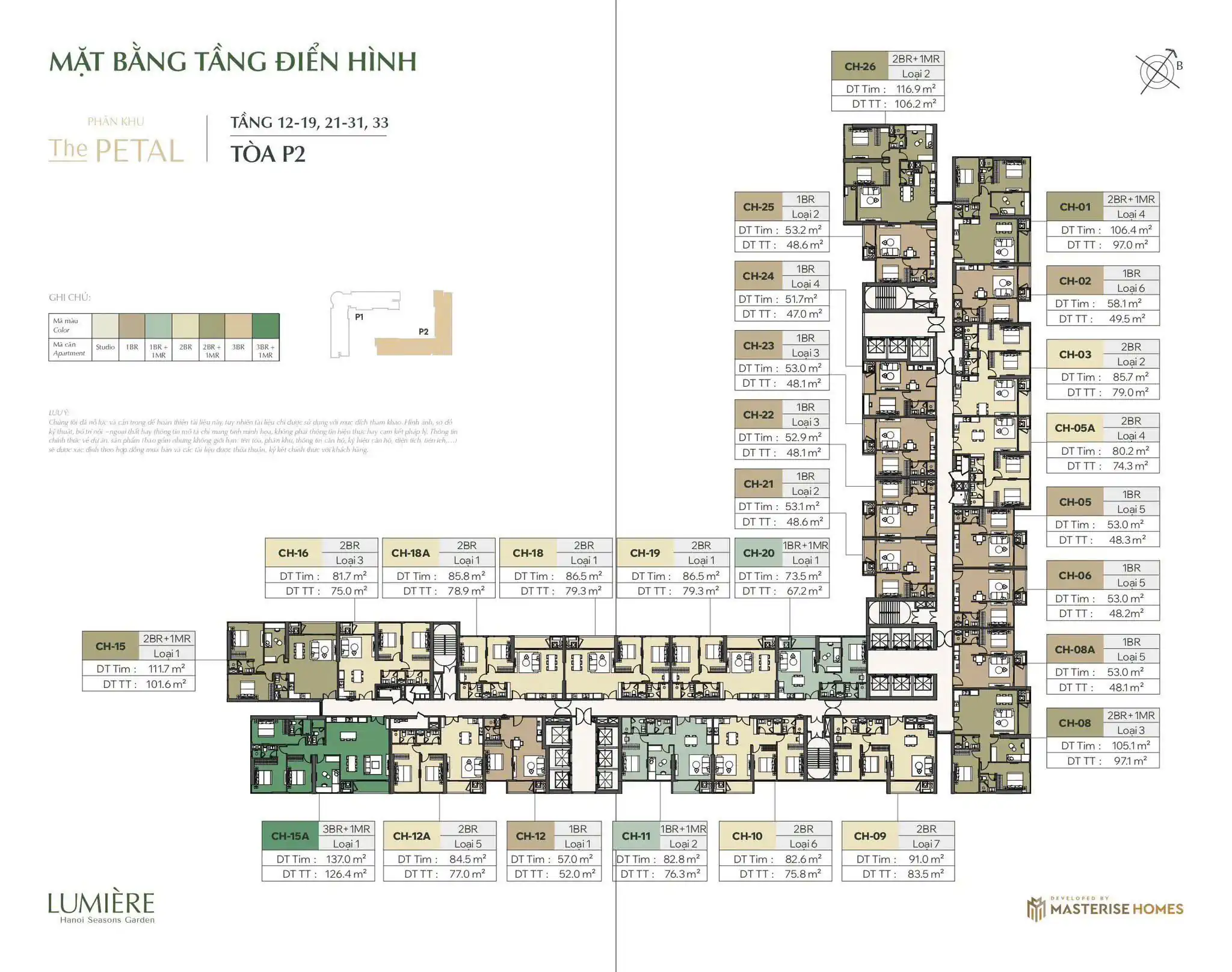 Mặt bằng tòa P2 Hanoi Seasons Garden phân khu The PETAL với nhiều căn 1BR và 2BR