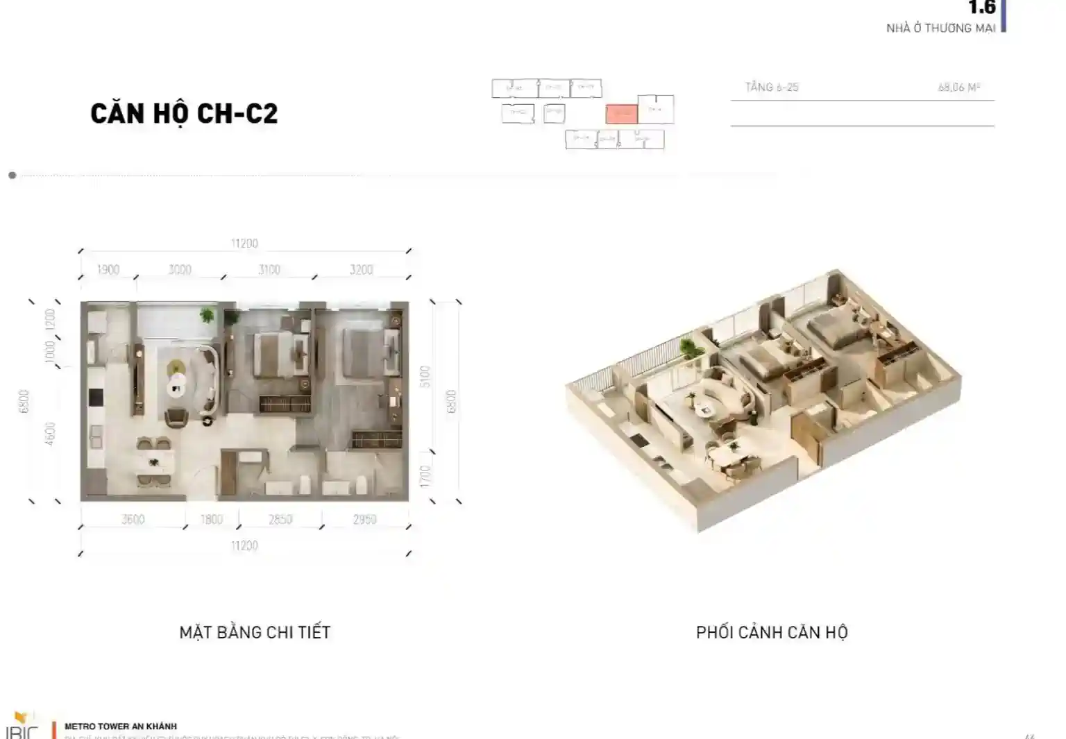 Mặt bằng căn C2 Metro Tower An Khánh diện tích khoảng 68m2