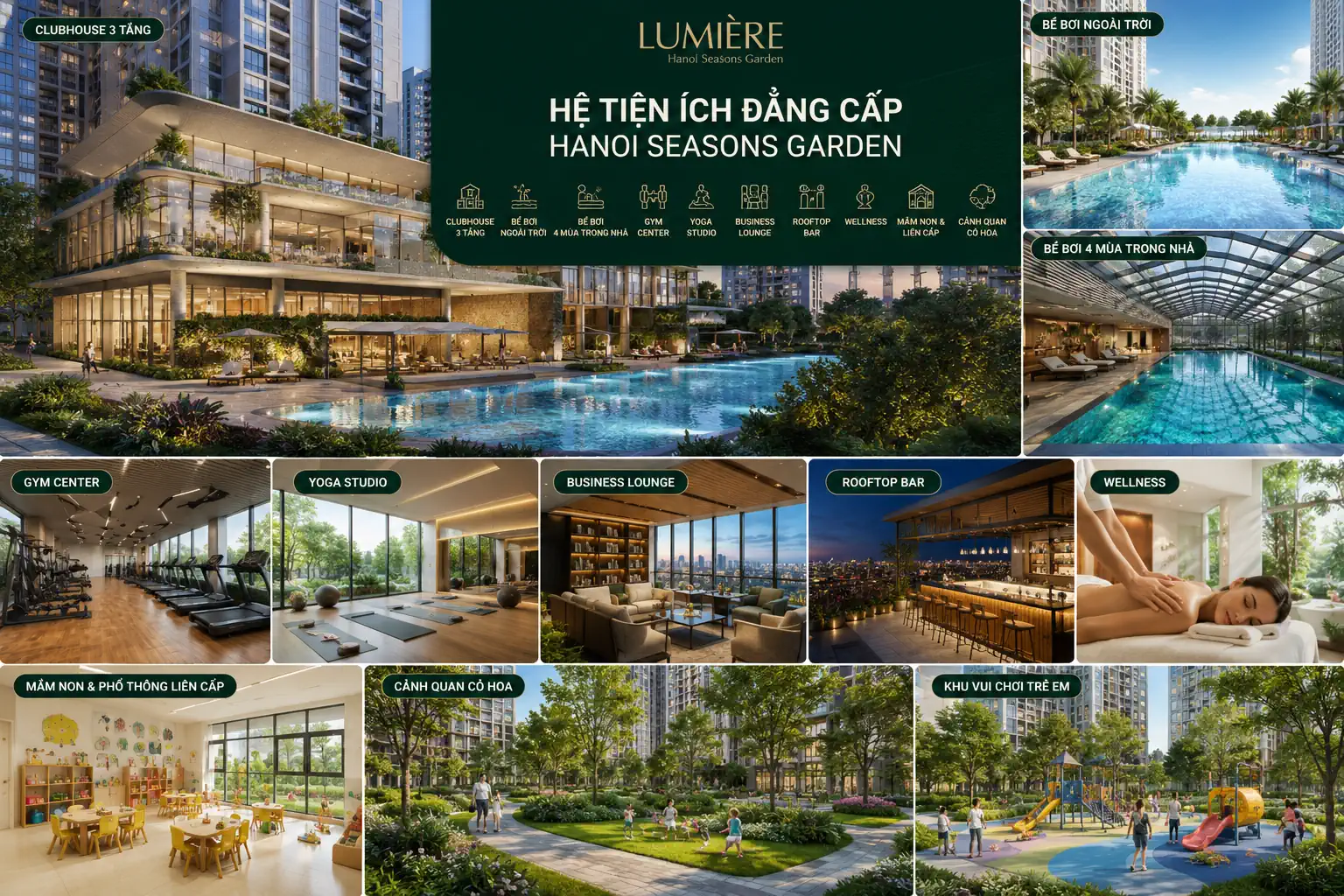 Tiện ích Hanoi Seasons Garden gồm clubhouse bể bơi gym yoga business lounge và wellness